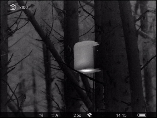 A black and white thermal image of a box in a tree