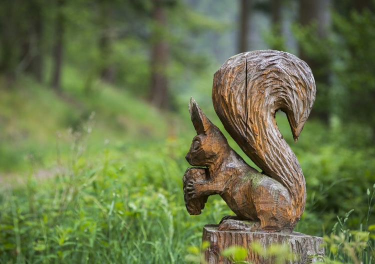 Wooden sculpture of red squirrel, Doach Wood, near Castle Douglas