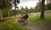 A mountain biker leans into a bend on a forest trail