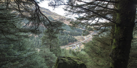 Aerial view of motorway from high up in forest, Ardgartan, Argyll Forest Park