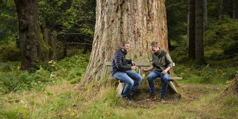 Two men sitting on a bench in front of a mature tree, Lael Forest Garden, Ullapoo