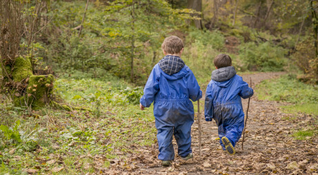 Two small children walk along a woodland path covered in leaf litter