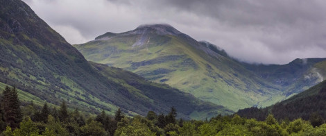 View of clouds settling on Ben Nevis, from Glen Nevis, near Fort William