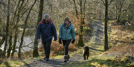 Couple and dog walking through woods besides river in winter
