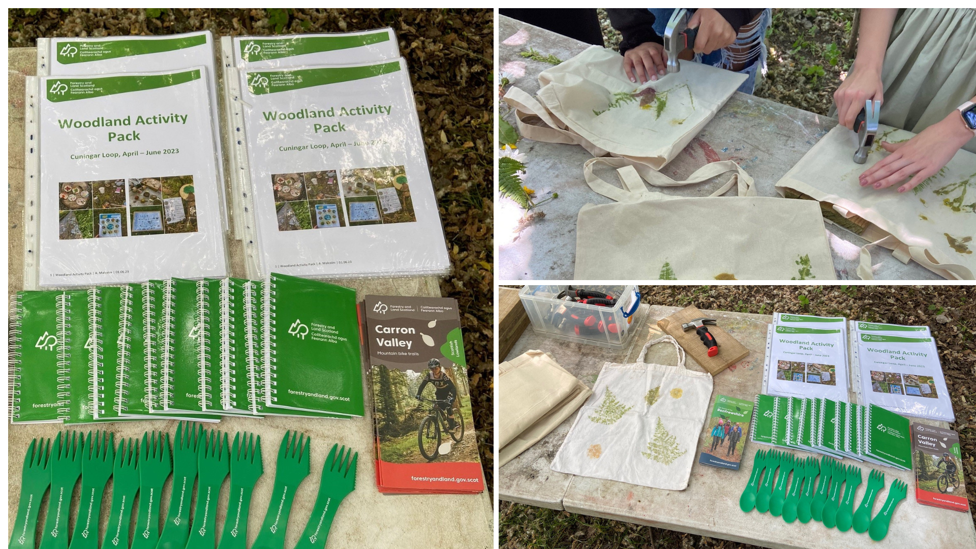 A collage. On the left, a table with Forestry and Land Scotland branded sporks, notepads, leaflets and activity booklets. On the top right, a table where two people are hammering flowers onto canvas bags. On the bottom right, a wider shot of a table with Forestry and Land Scotland branded items and the canvas bags. 