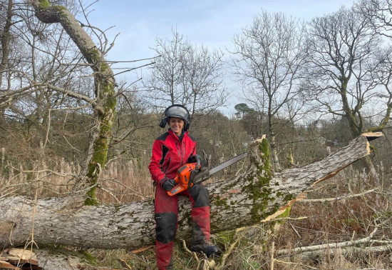 a women in safety gear sitting on a tree using a chainsaw 