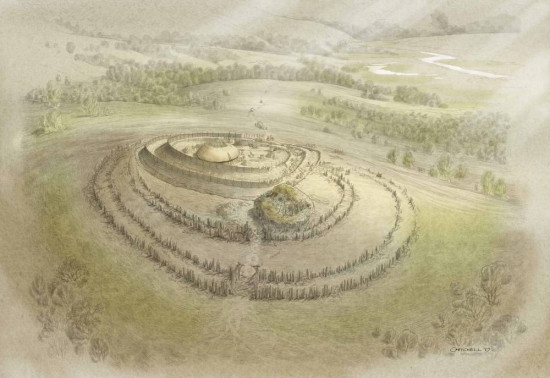 An illustration of an Iron Age hillfort, as seen from above.