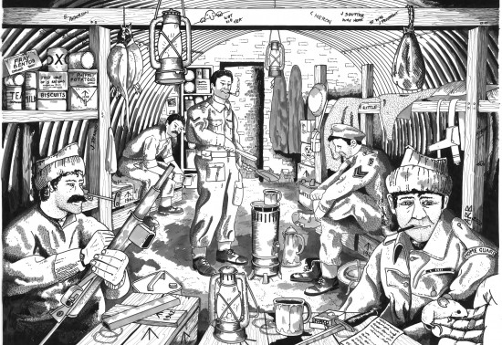 Illustration of soldiers in a bunker