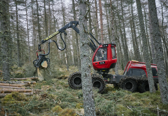 A forest harvester using it's mechanical arm to pick up a fallen tree