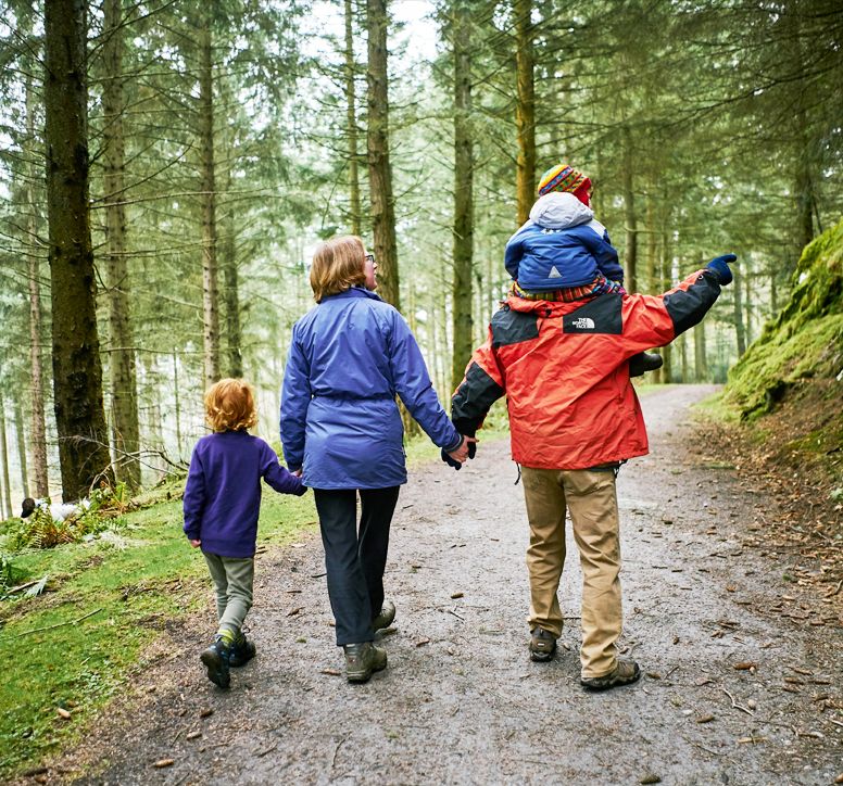 Family of four walking along a path through a forest