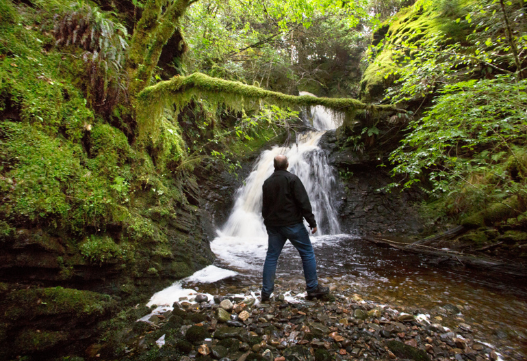 Male walker looking at view of waterfall, Allt na Criche, near Fort Augustus