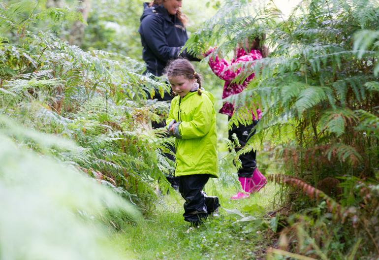 Woman walks with two young girls (dressed in pink and yellow) through ferns in woodland at Ardcastle Forest