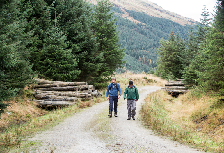 Two male hikers walk along gravel path flanked by conifers and harvested logs, Ardgartan, Argyll Forest Park