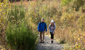 Man and woman walking up stony path surrounded by young trees and bushes.