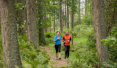 Male runner (in orange) and female runner (in blue) run through woodland, Cademuir Forest, near Peebles