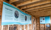  Inside the a wooden wildlife hide with blue signs and pictures of birds