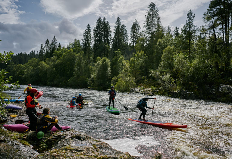 A group of paddleboarders on a river in front of mixed woodland