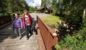 Two women walk a dog across a wooden bridge