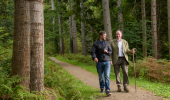A man leads another man along a woodland footpath