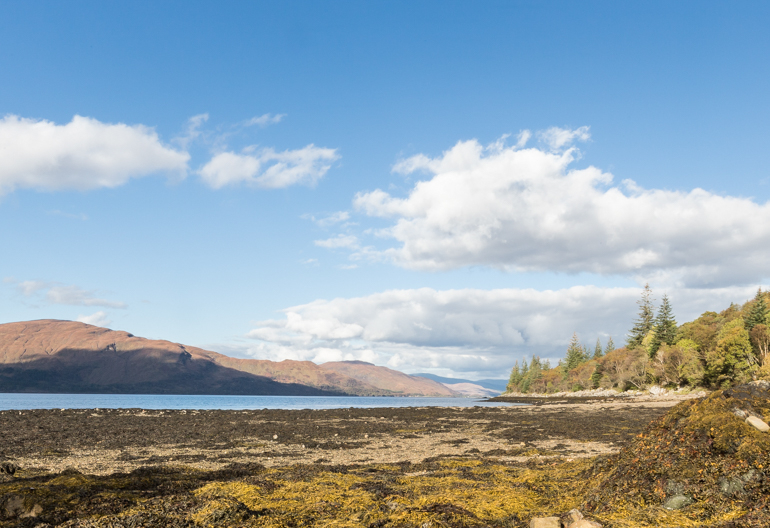 Rocky shore with seaweed covered rocks and loch with hills beyond and blue sky above.