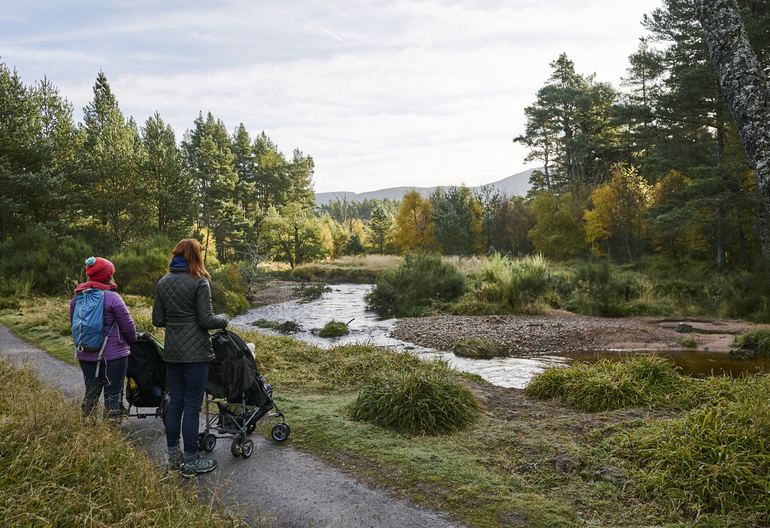 Two young women walking together pushing toddlers in buggies, look out at pond, on Loch Morlich trail, Glenmore Forest Park, near Aviemore