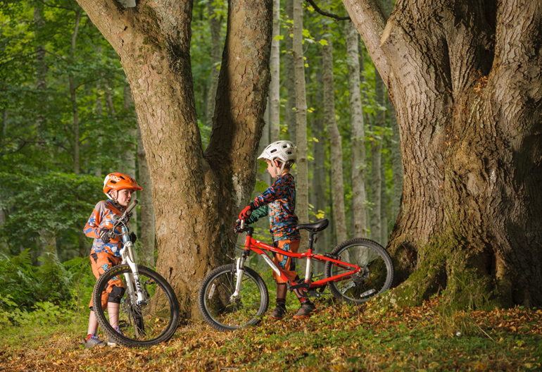 Two boys standing with their mountain bikes in a forest.