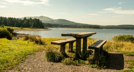 A picnic table overlooking a loch