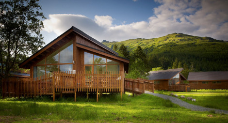 Modern log cabins with green hillside behind
