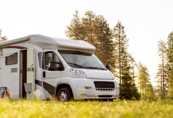 Motorhome parked on a grassy field in golden sunlight with trees behind.
