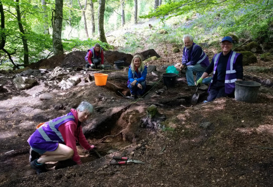 Group of volunteers in forest during archaeological excavation