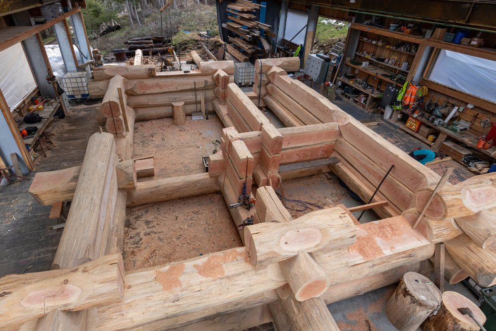 Top view of a log cabin being built