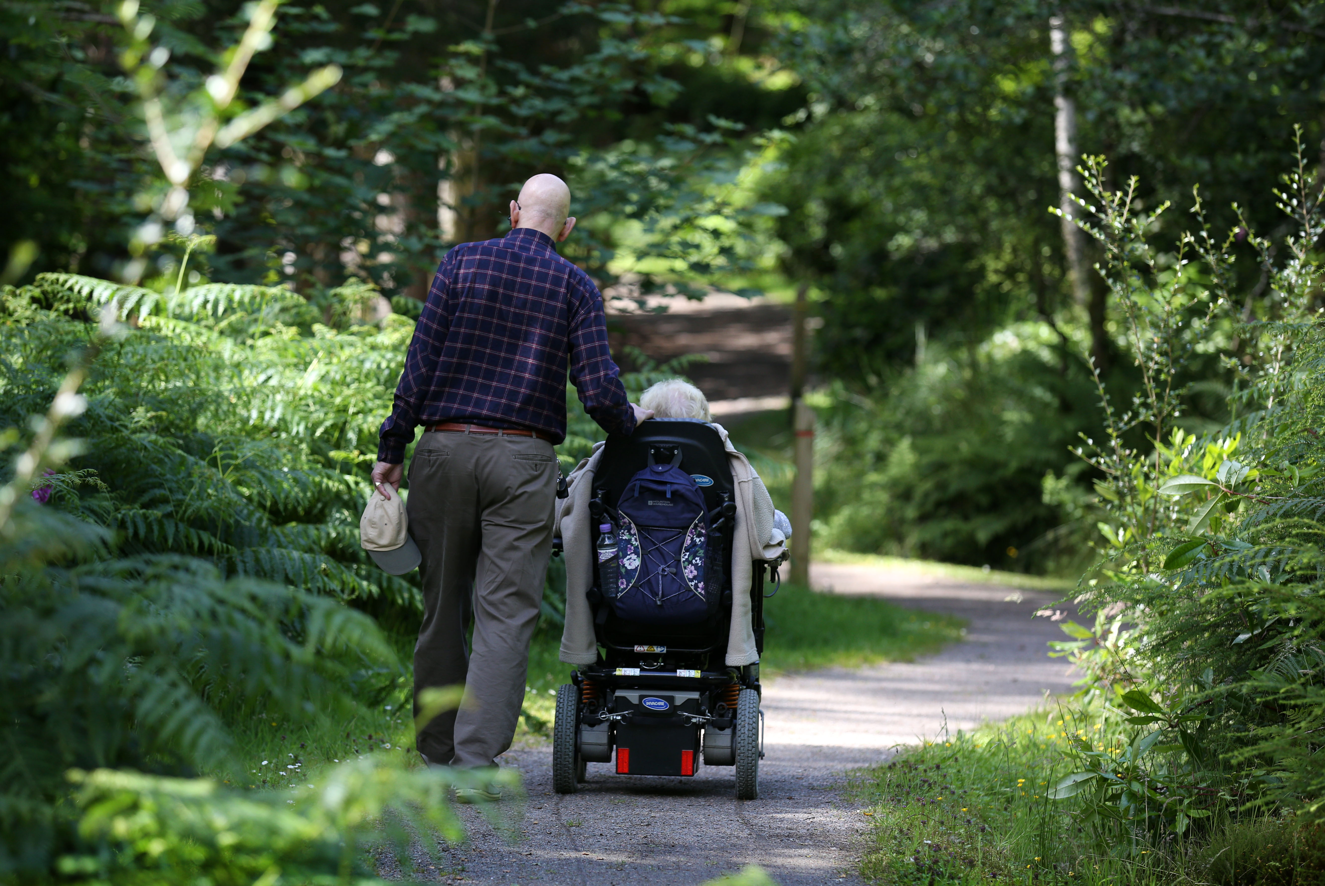 Rear view of mature man walking beside mature woman in wheelchair along tree lined woodland path, Glencoe Lochan, near Fort William