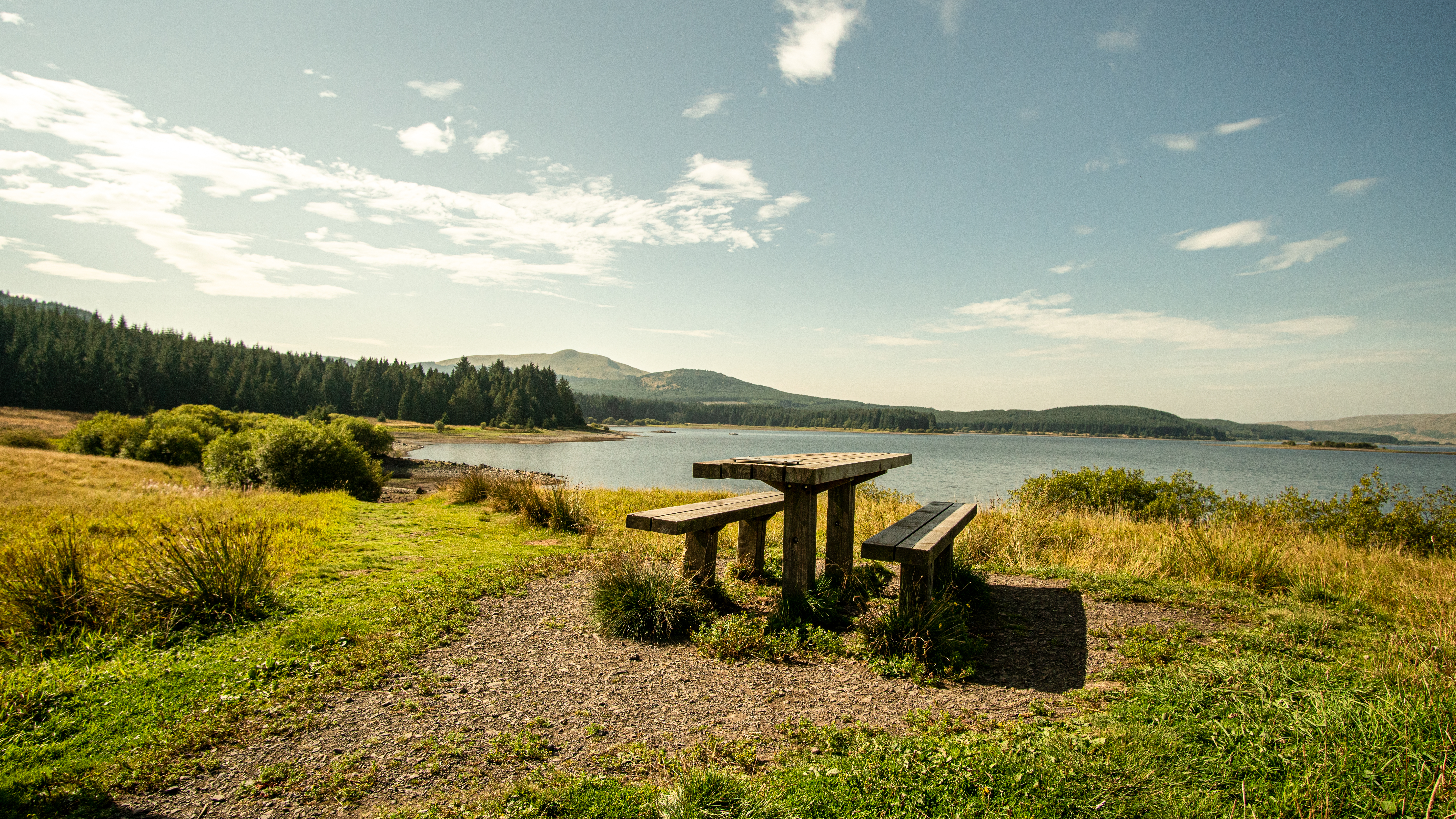 A picnic table overlooking a loch