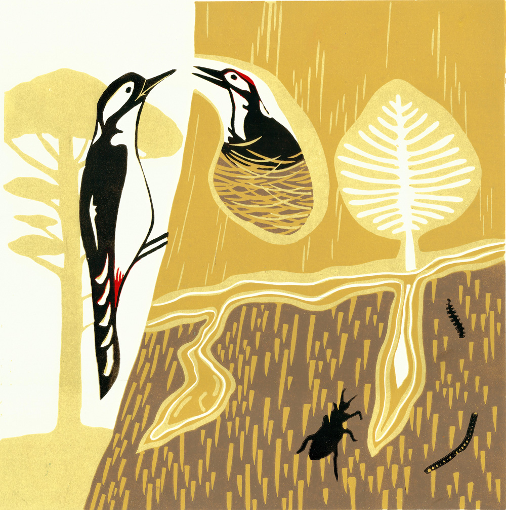 A yellow art depiction of two wood peckers and a tree