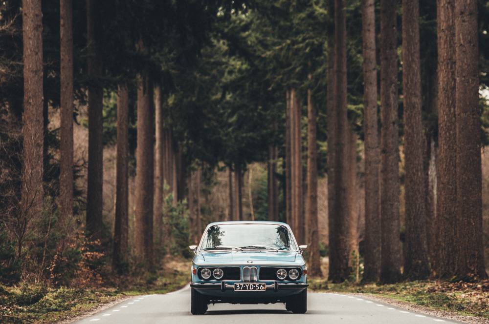 Old 1980s era car driving towards camera on tarmac road surrounded by tall trees