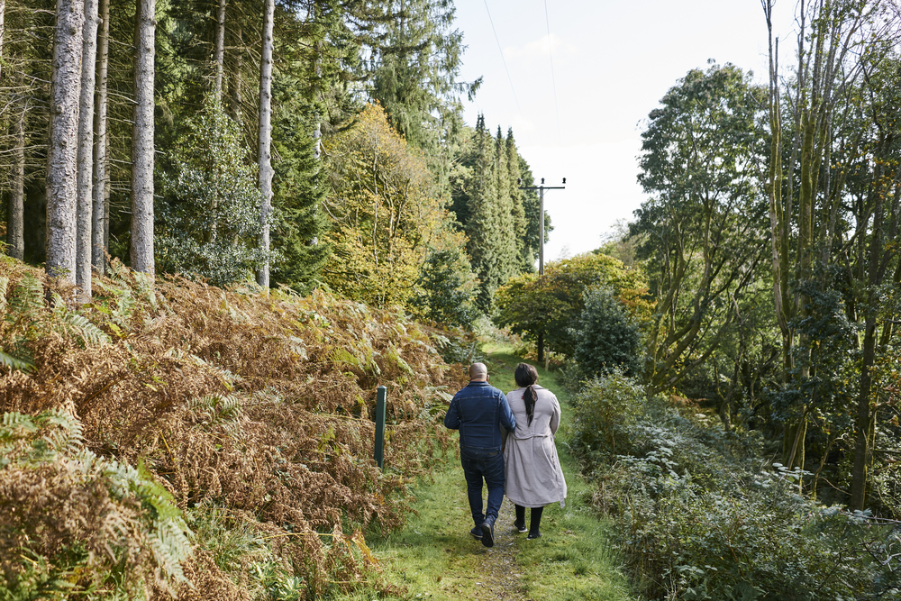 a couple walking down a grassy forest path