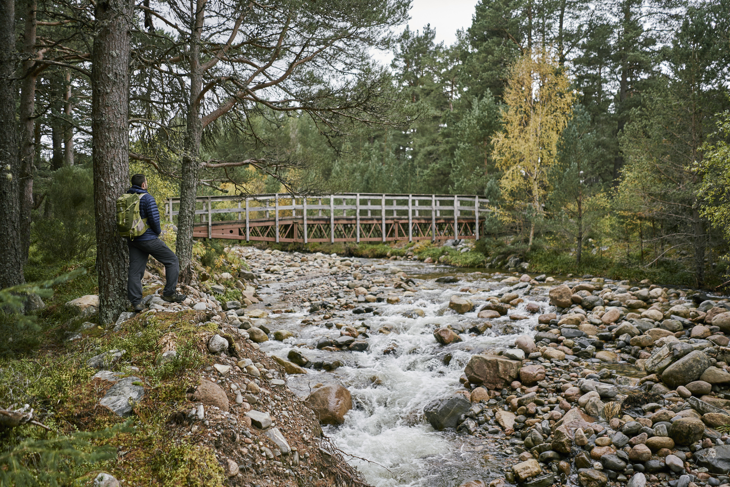 A man in a blue jacket stands before a old bridge over a rocky river