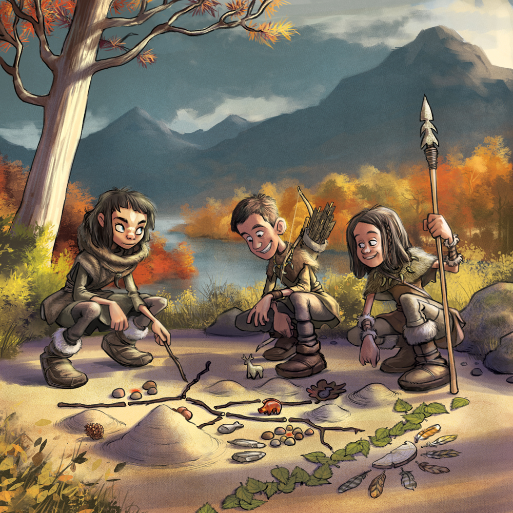 Illustration of three Mesolithic characters gathered round a map with hills beyond