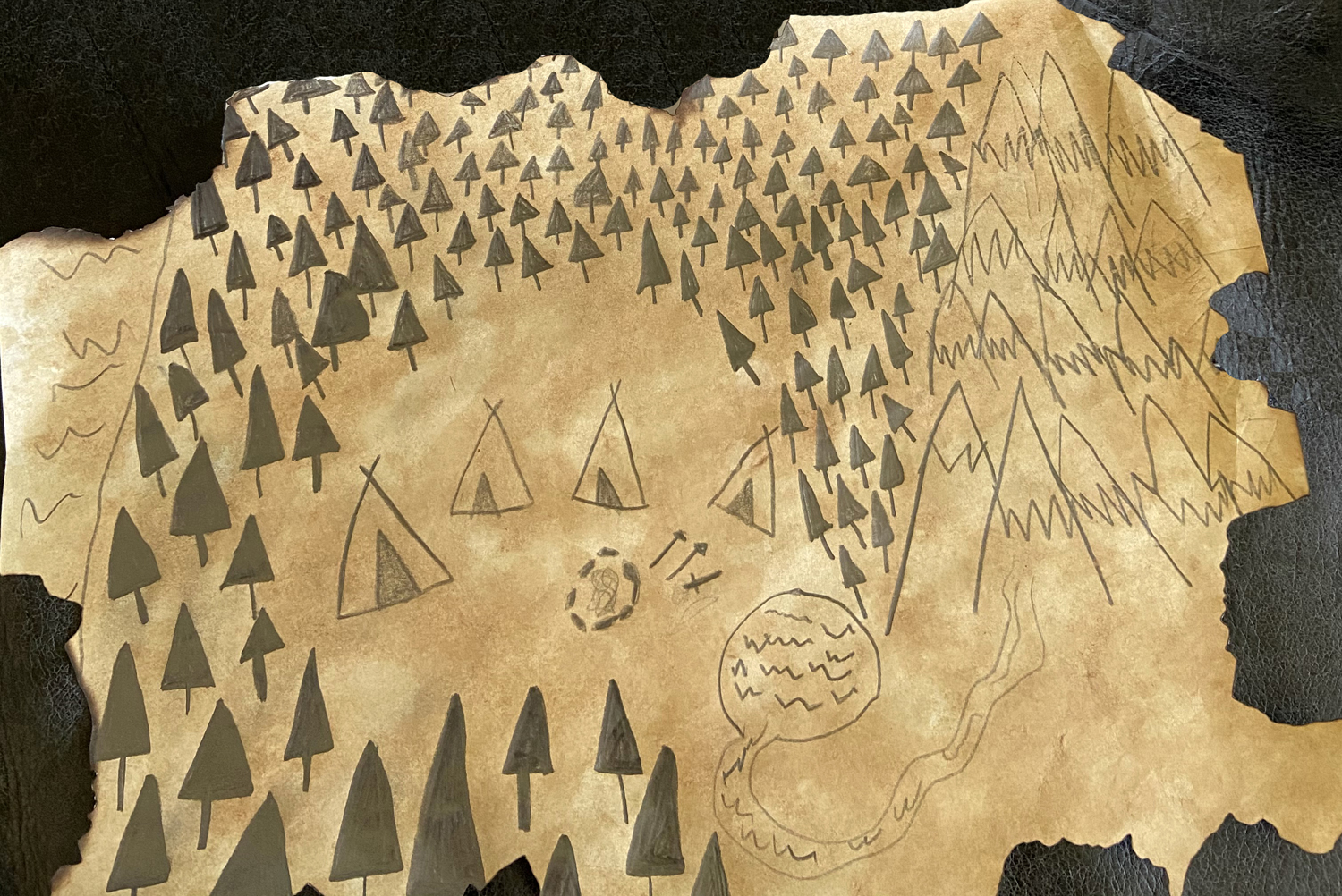 Illustration of Mesolithic map showing several trees and mountains