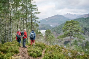 Three mature hikers, two in red jackets and one in blue jacket, all with rucksacks, stand from high vantage point amid greenery and take in view over forests to mountain range opposite and Loch Affric below, Dog Falls, Glen Affric