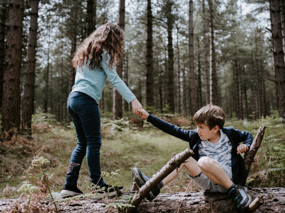 Girl balancing on a fallen tree pulling a boy to his feet with more standing trees beyond