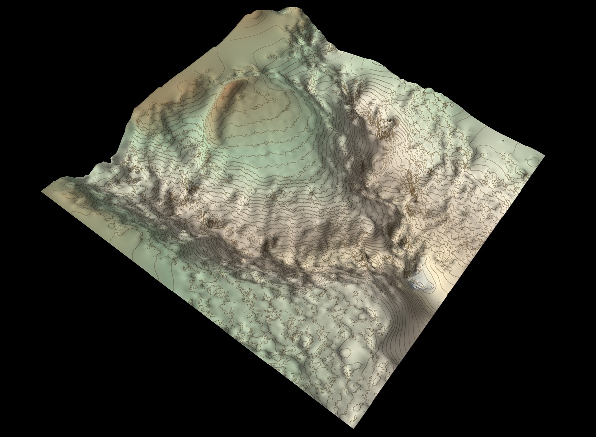 A digital map model showing the terrain of an area
