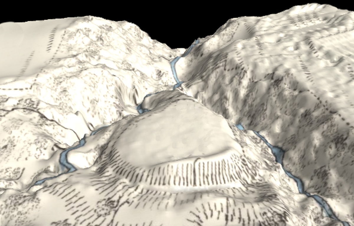 Digital map model showing the terrain of an area with an overlaid map