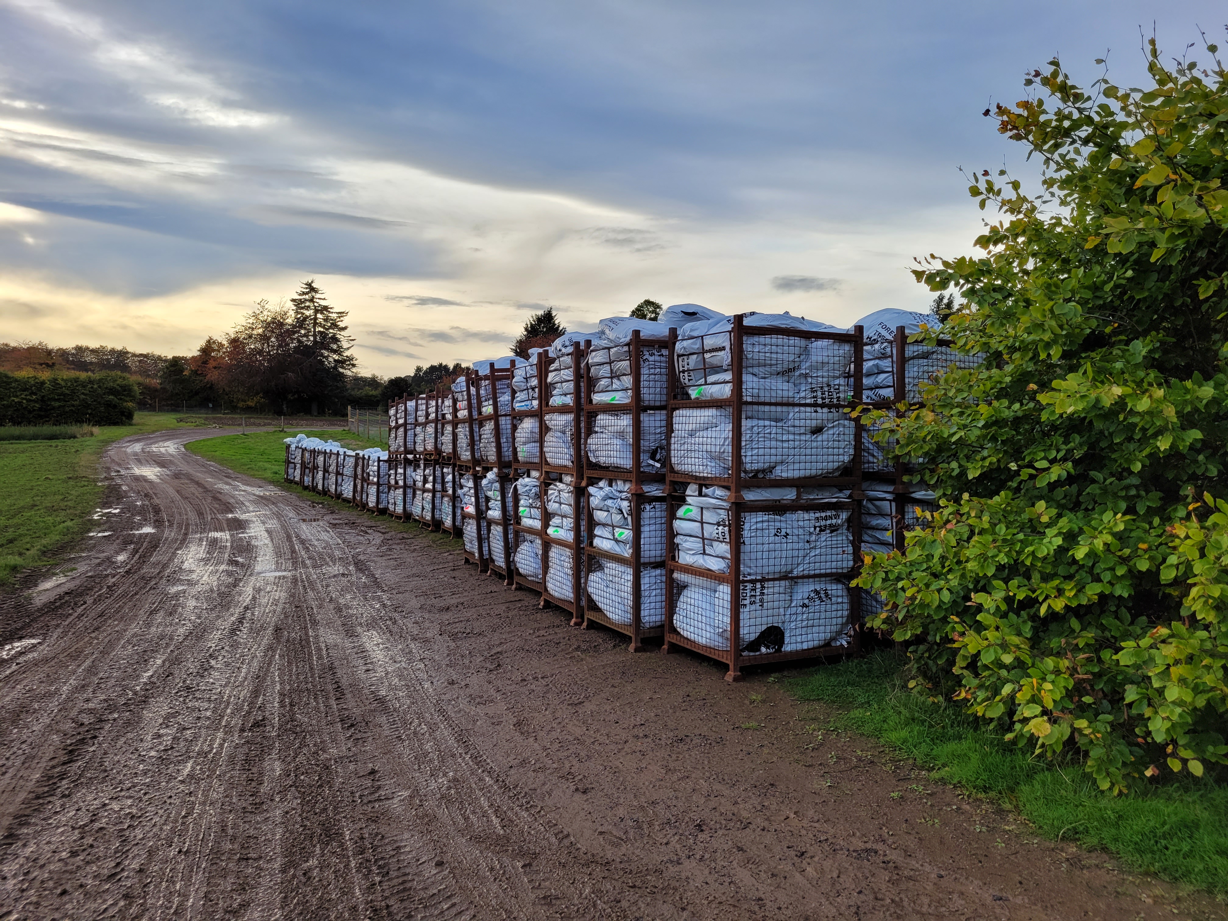 Large crates of trees sitting beside a muddy road.
