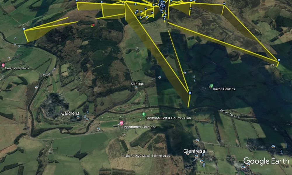 a google map with yellow osprey flight paths