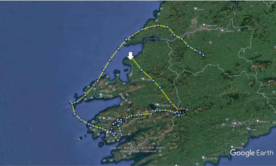 Yellow line on map showing route of an osprey
