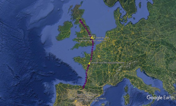 Map of western Europe with osprey flightpath marked