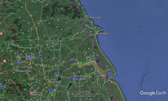 Satellite view of Lincolnshire with osprey flightpath marked