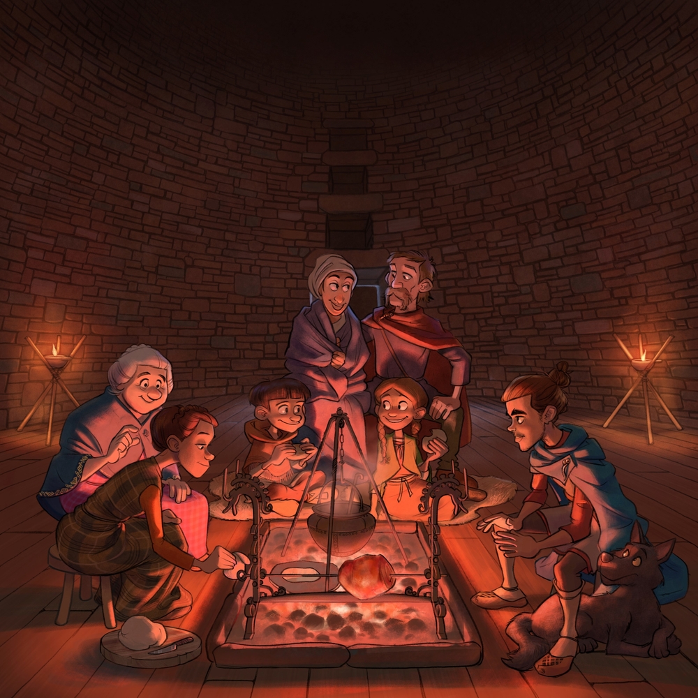 Illustration of sitting around a fire in a stone building