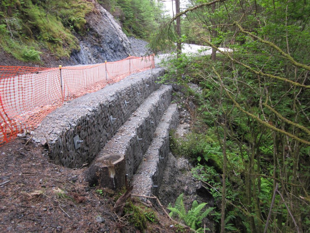 Red safety fencing in a forest road that has recently been upgraded 